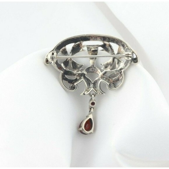 Sterling Silver Marcasite with Simulated Garnet Pin Brooch - Picture 4 of 6